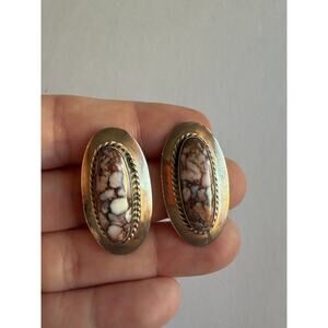 Navajo Sterling Malachite Inlay Earrings Signed D Pierced 1980s Vintage Boho